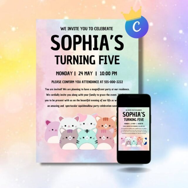 Cat Squishmallow birthday party invitation featuring a cute cat character design, adorable cat themed birthday invitation for kids, digital animal party invitation for instant download.