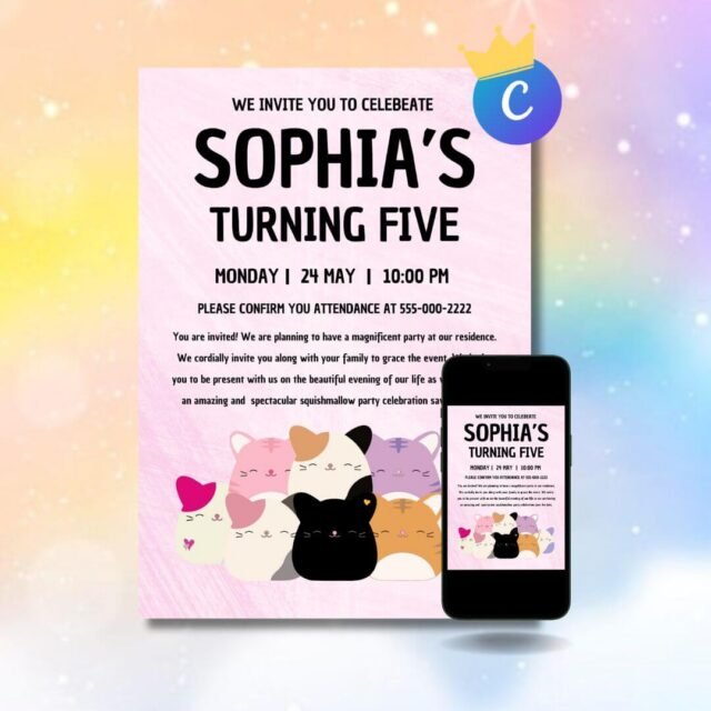 Cat themed Squishmallow birthday party invitation featuring an adorable cat inspired design, cute feline birthday invitation for kids, digital Squishmallow themed party invite available for instant download.