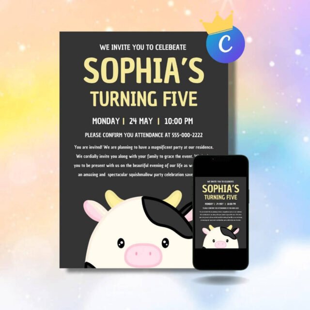 Connor the Cow Squishmallow birthday party invitation featuring a cute cow character, farm animal themed birthday invitation for kids, digital Squishmallow party invite available for instant download.