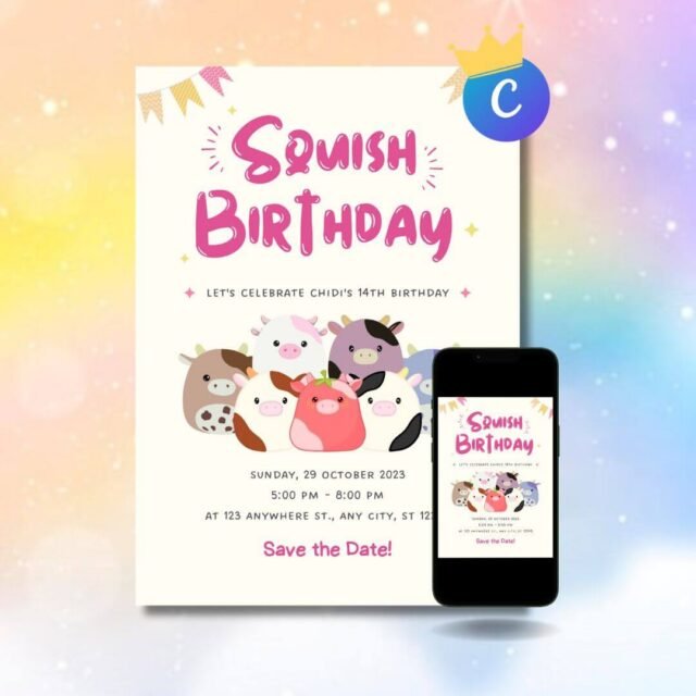 Cow Squishmallow themed birthday party invitation featuring an adorable cow inspired design, cute farm animal birthday invitation for children, digital party invitation with instant download.