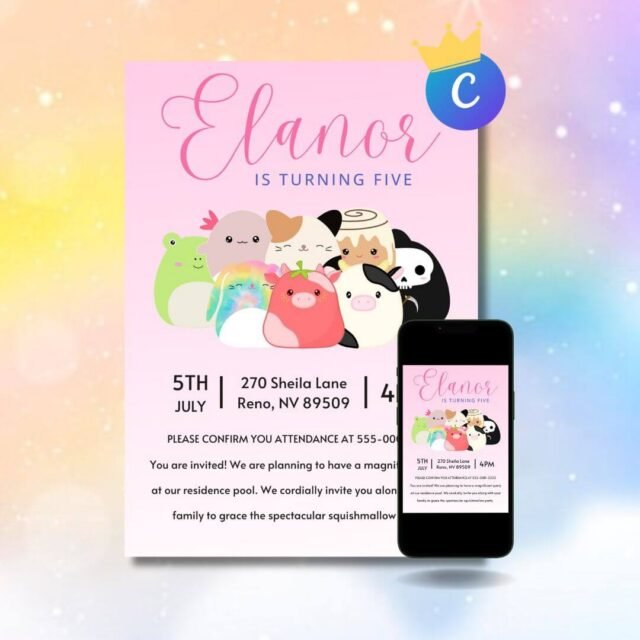 Girly Squishmallow birthday party invitation featuring a cute feminine themed design, adorable birthday invitation for girls, digital Squishmallow party invitation available for instant download.