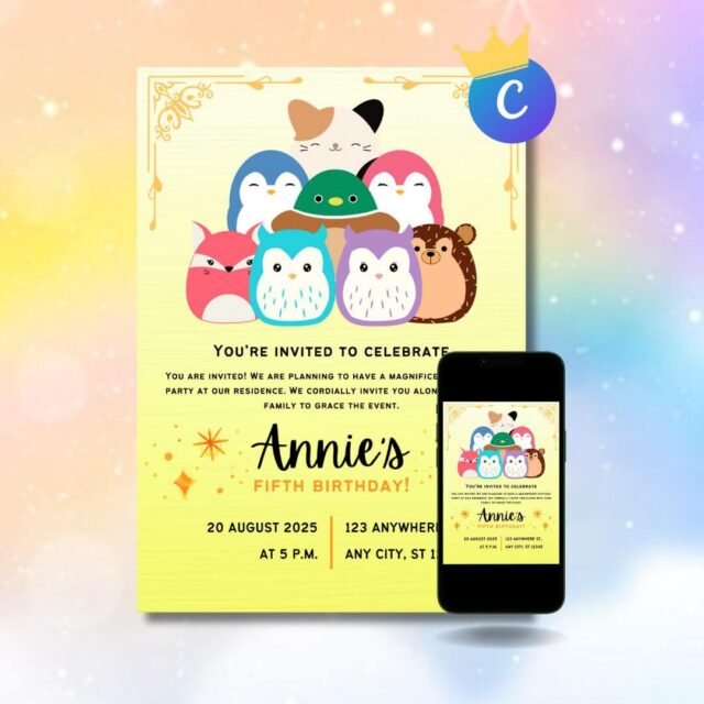 Golden Squishmallow birthday party invitation featuring a golden themed Squishmallow inspired design, unique digital birthday invitation for kids, themed party invite available for instant download.