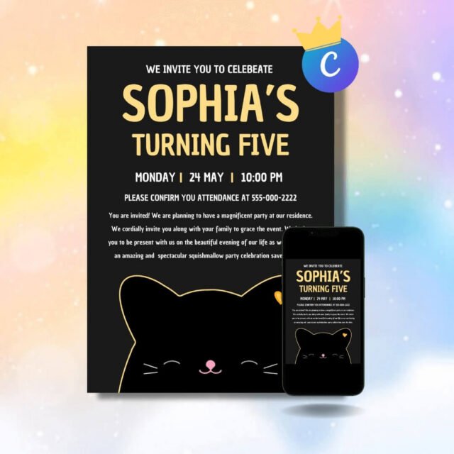 Jack the Cat Squishmallow birthday party invitation featuring a cute cat character design, adorable cat birthday invitation for children, digital Squishmallow themed party invite for instant download.