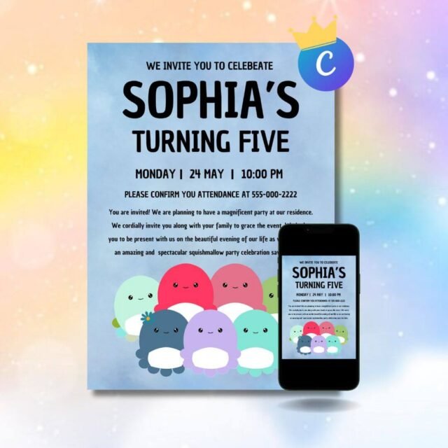 Octopus Squishmallow birthday party invitation featuring an adorable octopus character theme, ocean and sea creature birthday invitation for kids, digital Squishmallow party invite with instant download.