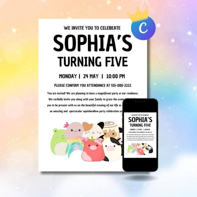 Squishmallow birthday party invitation featuring a cute plush character inspired theme, adorable kids birthday invitation for a Squishmallow themed celebration, digital party invitation available for instant download.