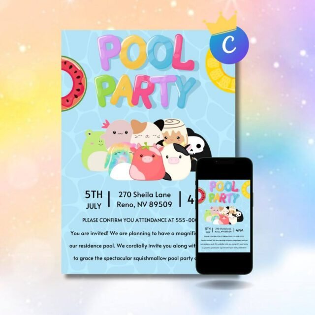Squishmallow pool party invitation featuring a cute summer birthday party theme, digital poolside birthday invitation for kids, Squishmallow themed summer celebration invite available for instant download.