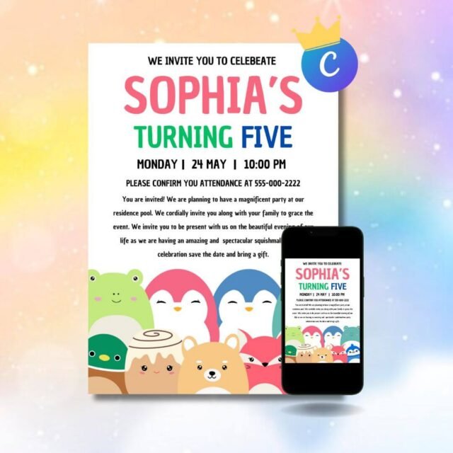 Squishmallow themed birthday party invitation featuring an adorable plush character inspired design, cute themed birthday invitation for children, digital Squishmallow party invite with instant download access.