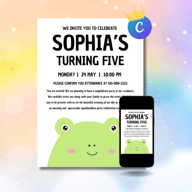 Wendy the Frog Squishmallow birthday party invitation featuring an adorable frog character design, cute frog themed birthday invitation for kids, digital Squishmallow party invite available for instant download.